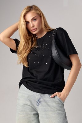 Женская футболка с цветными термостразами - 03291 черная