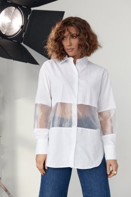 Удлиненная женская рубашка с прозрачными вставками - 23282 белый