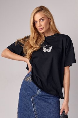 Жіноча футболка oversize з принтом метелика - 241030 чорна
