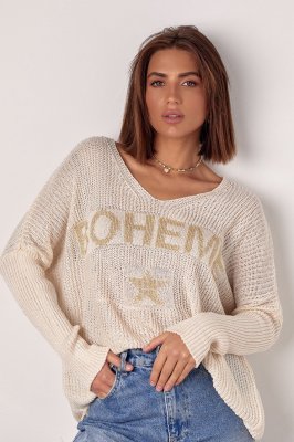 Жіночий в'язаний пуловер з написом Boheme - 241083 молочний