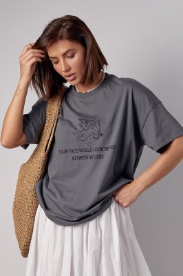 Жіноча футболка oversize з ангеловим принтом - 241093 сіра