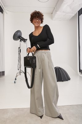 Котонові штани палаццо зі складками 25088 сірі Котонові штани палаццо зі складками 25088 сірі