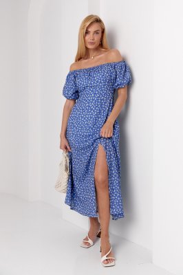 Женское платье с открытыми плечами в цветочек - 3298 синее