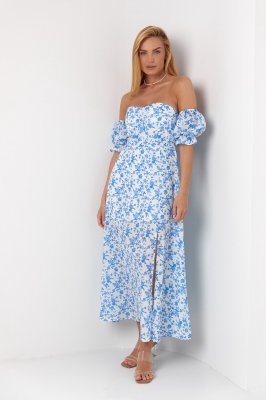 Цветочное платье-бюстье с пышной юбкой - 3394 голубой