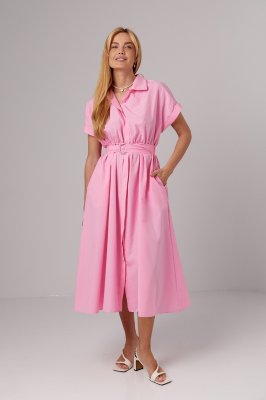 Літня сукня міді на гудзиках з поясом - 4731 рожева