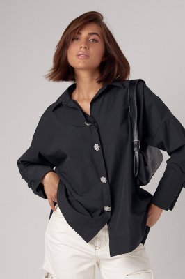 Жіноча сорочка oversize прикрашена гудзиками зі стразами - 5233 чорна