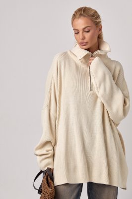 Женский свитер oversize с воротником на молнии - 60110 бежевый