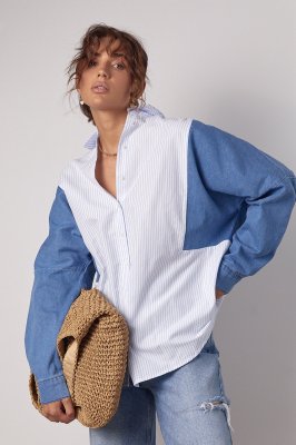 Жіноча смугаста сорочка з джинсовими рукавами - 69620 блакитний
