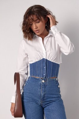 Жіноча бавовняна сорочка з джинсовим корсетом - 6963 біла