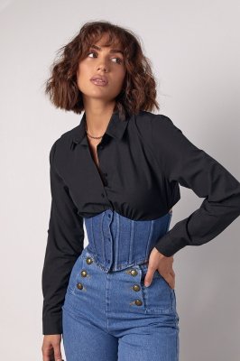Жіноча бавовняна сорочка з джинсовим корсетом - 6963 чорна