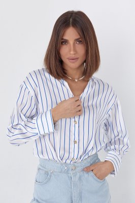 Шелковая блуза на пуговицах в полоску 8774 синяя