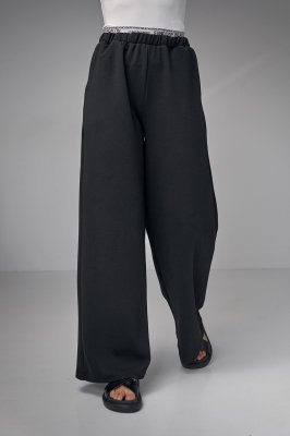 Трикотажные женские брюки с двойным поясом - 8866 черные