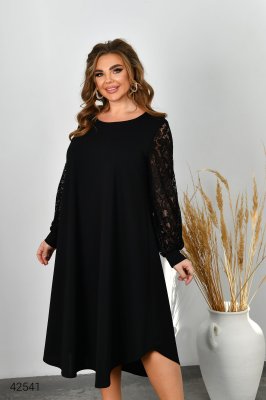 Платье плюс сайз с рукавами из гипюра 42541 черный